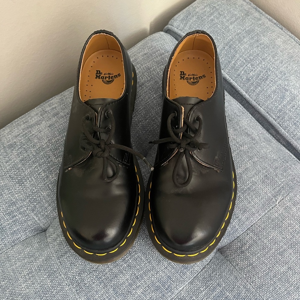 Dr. Martens Smooth Black Leather Oxford Shoe with Yellow Stitching